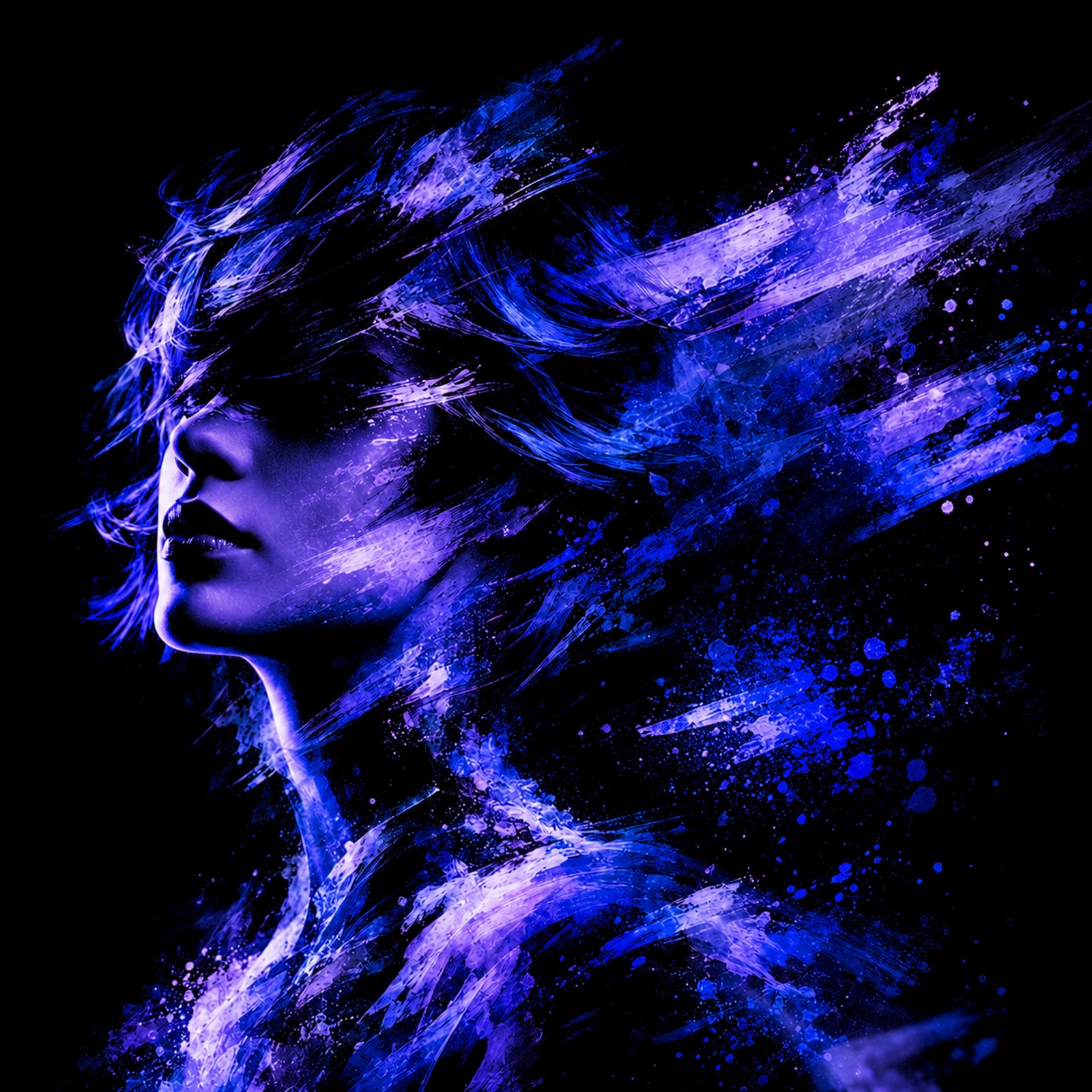 Avatar GrooveStacks, portrait féminin aux éclats bleus et violets